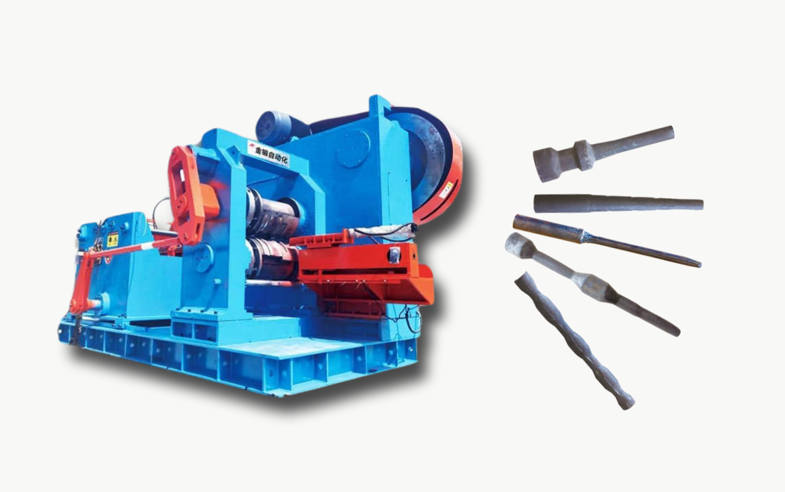 Roll forging machine with forged metal components, demonstrating precision and efficiency