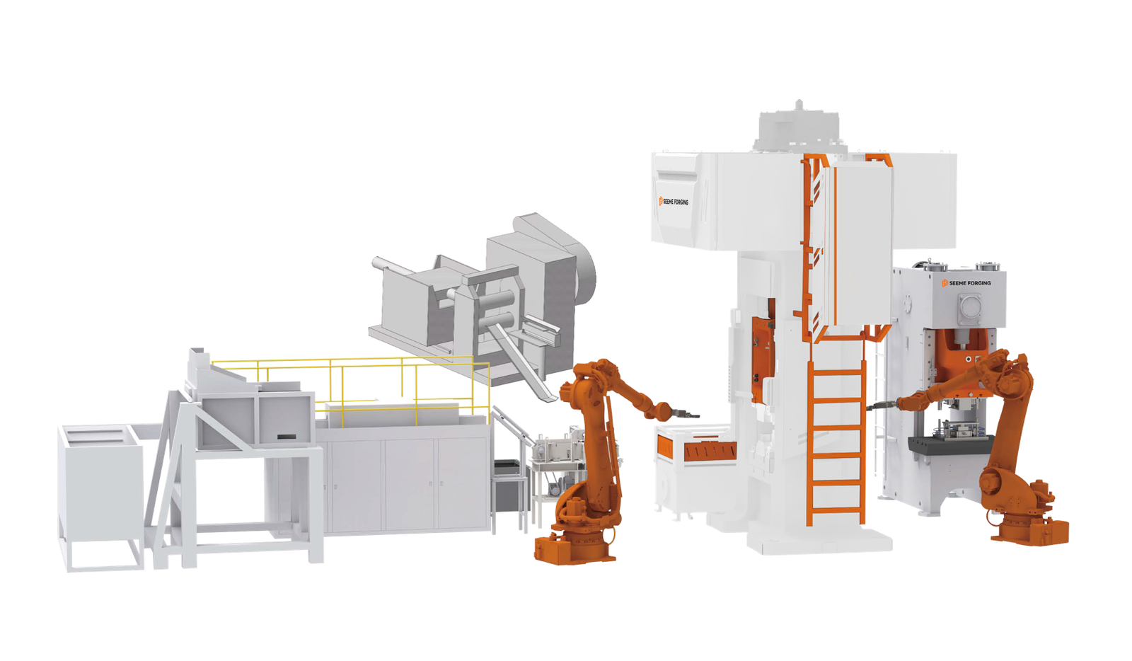 Automated forging production line with robotic manipulators and press machines for efficient operations