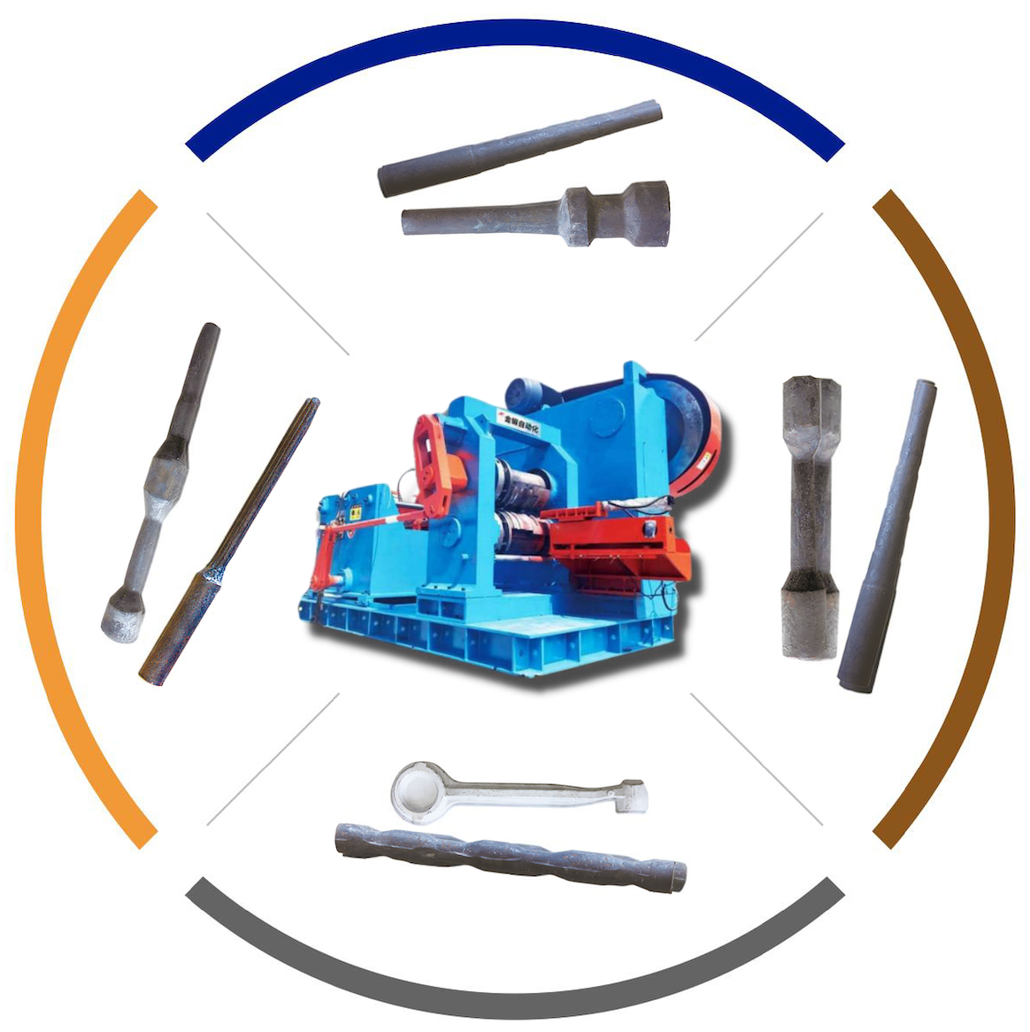 Roll forging machine with forged working pieces, showcasing precise preforms for various applications